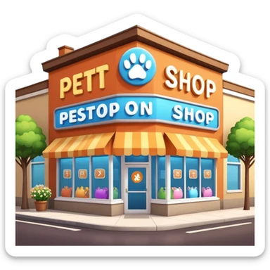 Modern building of a pet shop with a big glowing sign that says PETSHOP on the front. Colorful storefront, large windows showing pet products inside, cute animal illustrations on the walls, warm and friendly atmosphere, daytime, high-quality detailed render sticker