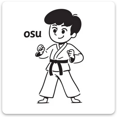 Kyokushin karate fighter in a white gi with a black belt, standing in a ready position, with the word 'osu' included in hand-drawn notion style sticker