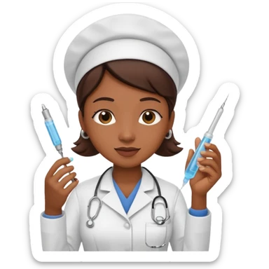 brown skin nurse holding vaccination needle sticker