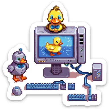 16-bit pixel art, retro game style, friendly computer with CRT monitor head, pixel smile, robot arms, next to cute yellow duck with round eyes, orange beak, fluffy feathers, blue bowtie, pixel gradient sky, clouds, warm lighting, cheerful, clean lines, isometric or side view sticker
