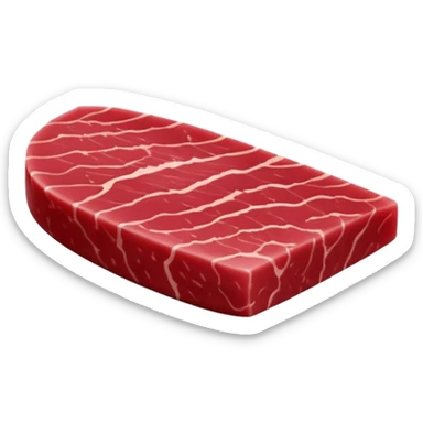single thick tuna steak, deep ruby-red color, clean-cut edges, fine muscle grain, smooth moist surface, slightly triangular or oval shape, compact sashimi-like texture, no plate, no garnish, no extras, soft lighting, subtle shadows, emoji scale sticker