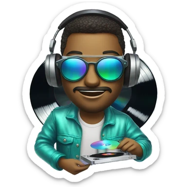 A dj wearing sunglasses playing music holding a cd record record, vinyl, oilslick holographic sticker