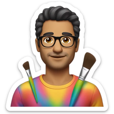 latino man glasses without moustache with rainbow clothes and flowers on face and paintbrush sticker