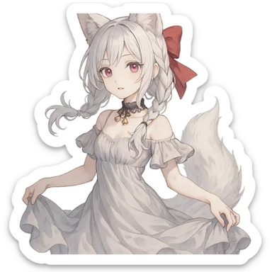 A fox spirit girl with pink eyes, pale skin, silver white hair in two braids and loose strands, large red ribbon bow at the back, flowy dress, and lace choker with bells. sticker