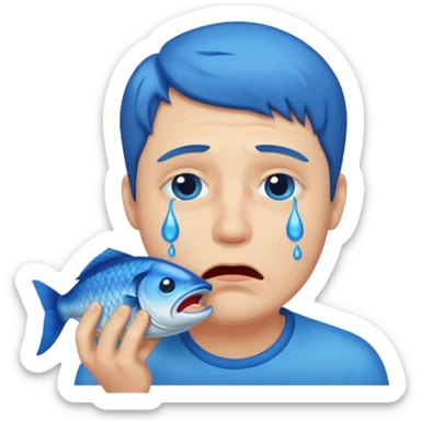 Man crying eating fish. make tears blue color sticker