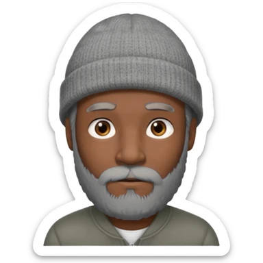 A dark-skinned man with a gray beanie, brown eyes, and a gray beard, wearing a calm expression. sticker