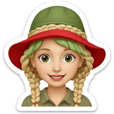 messy green clay mask and red tourist hat blond braided woman big eyes smiling sticker