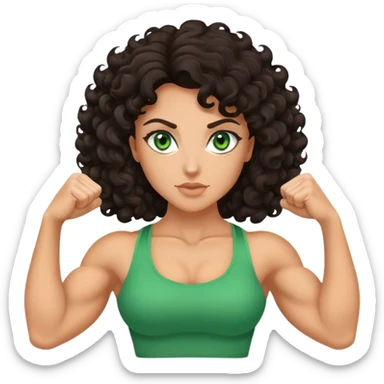 woman flexing biceps dark curly hair green eyes sticker