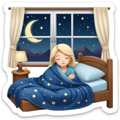 person going to bed on time, cozy blanket, night sky outside window, peaceful and friendly sticker