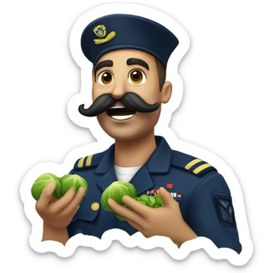 Navy guy with moustache being goofy with Brussels sprouts  sticker