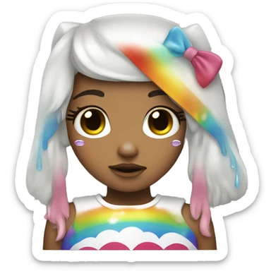 a girl dressed as hello kitty crying rainbow tears sticker