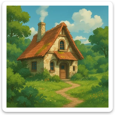 cozy cottage in a lush landscape, ghibli style sticker