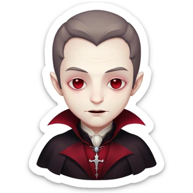 Meme-Worthy Cute Sleeping Vampire Portrait Emoji, with a refined, small, pale face softened by closed, serene eyes and a slight, peaceful smile, adorned in miniature elegant dark attire with a hint of fading crimson, simplified yet irresistibly adorable, highly detailed with a soft ethereal outline that captures the drowsy charm of a vampire in quiet nighttime slumber! sticker