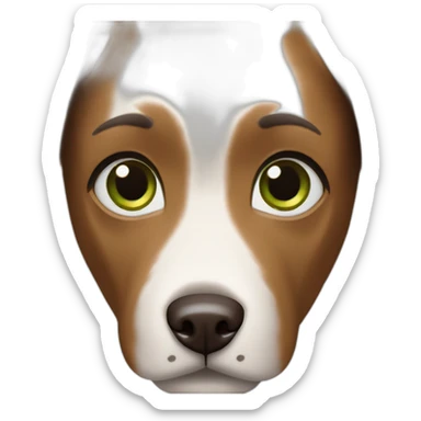 A witch with short straight brown hair and green eyes with a York dog sticker