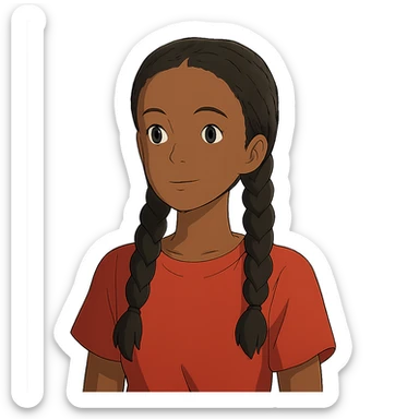 ghibli style dark skin girl with braids and red shirt sticker