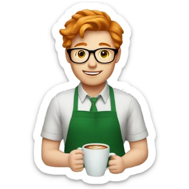 A barista boy ginger hair in a green apron wearing glasses holding a cup of coffee sticker