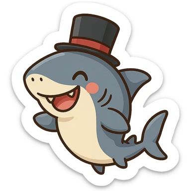 a fun and whimsical shark wearing a top hat, playful and charming cartoon style sticker