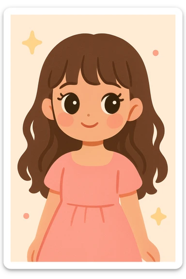cute girl with medium skin, soft pinkish cheeks, large bambi dark hazel eyes with long eyelashes, long wavy brown hair with bangs, medium straight nose with a soft tip, medium natural red lips, very feminine and pretty features, wearing a beautiful pink dress sticker
