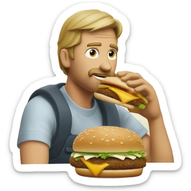 Show a white man eating a big mac. Add the label "Palkin' Burger - Just the right amount of spice!" sticker