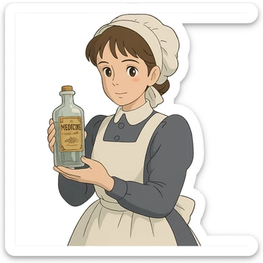 victorian nurse holding a medicine bottle sticker