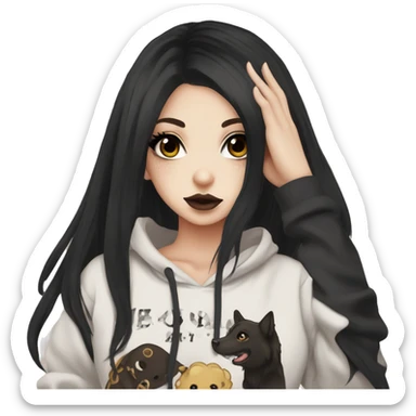 hime gyaru girl, tattoos, pale skin with brown eyes and black hair, dark makeup, black hoodie sticker
