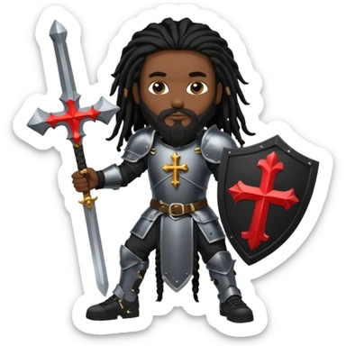 African American with long black dreadlocks with black beard wearing a black knight amour wearing wearing black Air Force 1 low top shoes holding a shield with cross on it and a double edge sword sticker