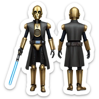 tarnished undercover tough well-equipped jedi first order life-sized darkblue-pearl C3po as a friendly bounty hunter droid wearing a leather clothing old west duster coat holding light saber sticker