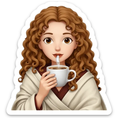 Gözleri kapalı, beyaz tenli ve uzun kıvırcık saçlı bir kadın avatar, battaniyeye sarılmış halde beyaz bir Türk kahvesi fincanından içeceğini huzurla yudumluyor. sticker