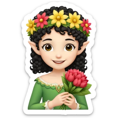 tiny Elf with Flower Crown, curley hair black, with flower bouquet sticker