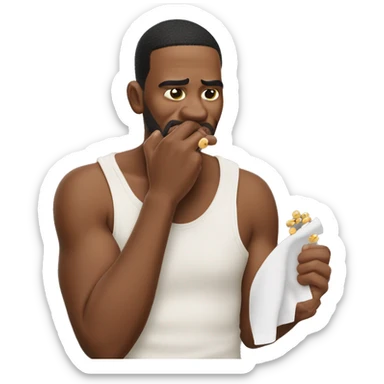 man biting nails on one hand, littles bits of nail flying away from his hand and beads of sweat on his face and flying from his his face sticker