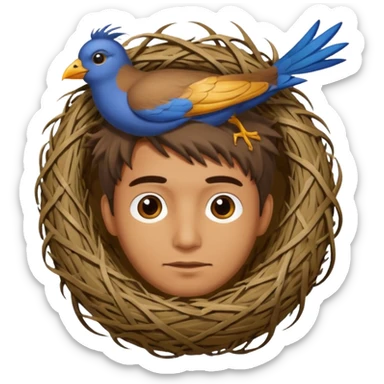 Man who has a birds nest on top of his head for hair sticker