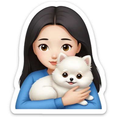 Asian girl hug small white Pomeranian sticker