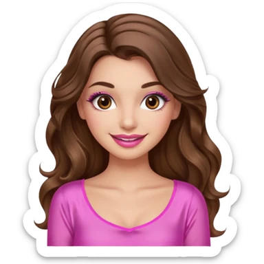 girl with long wavy brown hair, brown eyes, long lashes makeup, sexy pink lips, light to medium complexion, wearing a pink sexy silk top, smiling sticker