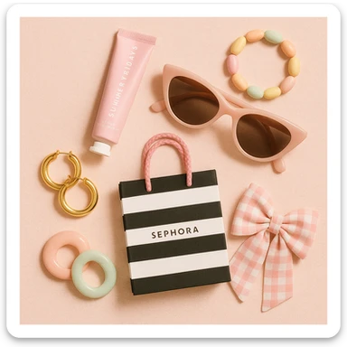 Girly, preppy flat lay: pink Summer Fridays lip balm, Sephora bag, sunglasses, and pastel accessories, all in a soft, summery color palette sticker
