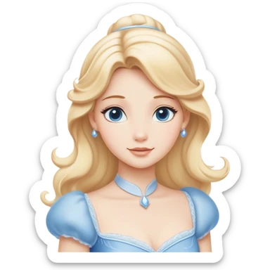 Cinematic Serene Cinderella Portrait Emoji, rendered in a realistic, vector-style with minimal shading. Depict a gentle Cinderella (chest and above) with porcelain skin, smooth blonde hair falling in soft waves, and calm, inviting eyes. Dressed in her modest daytime dress, she exudes quiet grace and pure enchantment, highlighted by a soft glowing outline. sticker