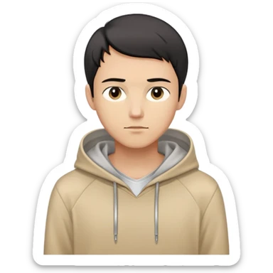 man with short black hair, slender build, light brown hoodie over white inner garment, silver necklace, calm demeanor, gentle expression, looking straight ahead sticker