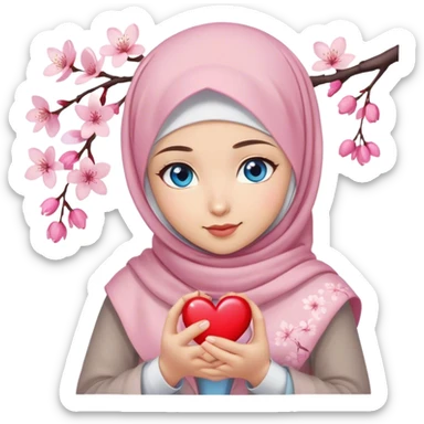 Turkish beautiful finish Konya girl blue eyes with cherry blossom flower design hijab and hold heart in her hand  sticker