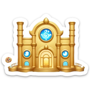 Exterior of a divine floating cookie factory, golden architecture with radiant pipes flowing with energy, infinite cookie stream from the entrance, glowing aura, celestial clouds surrounding it, emoji-style sticker