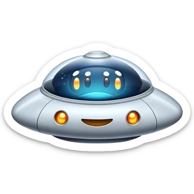 Design a simple, friendly spaceship with a smooth, rounded shape. Add a clear 'face' on the front using glowing lights for eyes and a curved line for a smile, giving it personality. Use a plain background to keep the focus on the ship sticker