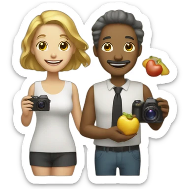 golden modern man and woman friends with camera in one hand and food in other hand, happy smiling sticker