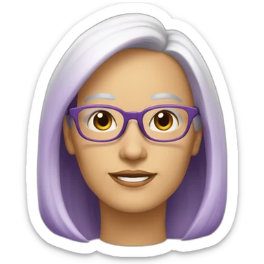 una profesora de edad madura, blanca, pelo largo marron oscuro, usa lentes redondeados con marcos color violeta sticker