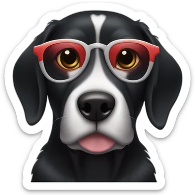 A black dog with a white snout, a white stripe down the middle, and red glasses." sticker