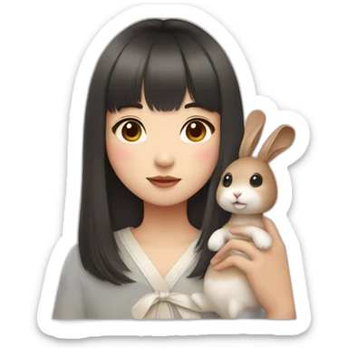 korean girl with bangs holding rabbit sticker