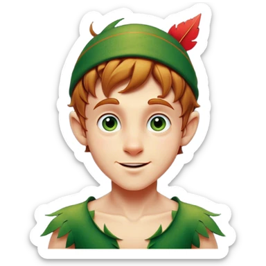 Cinematic Realistic Peter Pan Portrait, head tilted dramatically with an exaggeratedly amused expression, featuring sparkling eyes filled with playful mischief. His iconic outfit is rendered in vivid detail with dynamic shadows, capturing the delightful interplay of bravery and whimsy that defines his timeless character. sticker