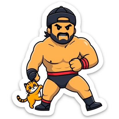 Razor Ramon wrestler from WWF defeating a cat wearing a cap sticker