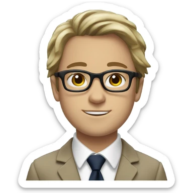 WHITE boy. Hair: Messy, medium-length brown hair covering the ears and forehead. Outfit: A formal school uniform featuring a white shirt with an open collar, a green striped tie, a navy sweater underneath, and a beige blazer on top. Black glasses sticker