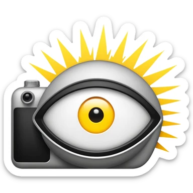 Minimalist emoji-style sticker of a wide open eye with a camera flash bursting into it. High contrast black and white with sharp lines. No gradients.
 sticker