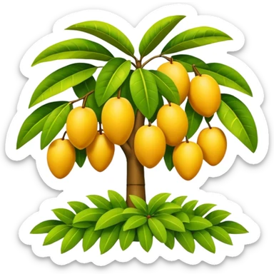 A 3D cartoon mango tree with golden-yellow mangoes visible among dense leaves, sunny atmosphere, Memoji-style rendering. sticker