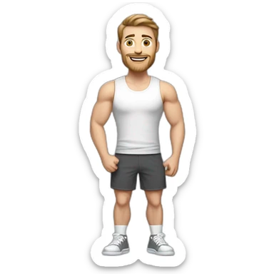 Full height realistic Actively gesturing with hands Pale skinned Fit Man With the biceps and brown hair in dark gray Sleeveless Mike, black oversize sports shorts, watch and white Sneakers sticker