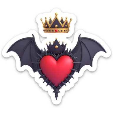 black gothic heart with metallic spikes, gothic bat wings, and a gothic crown, ornate, dark, elegant sticker